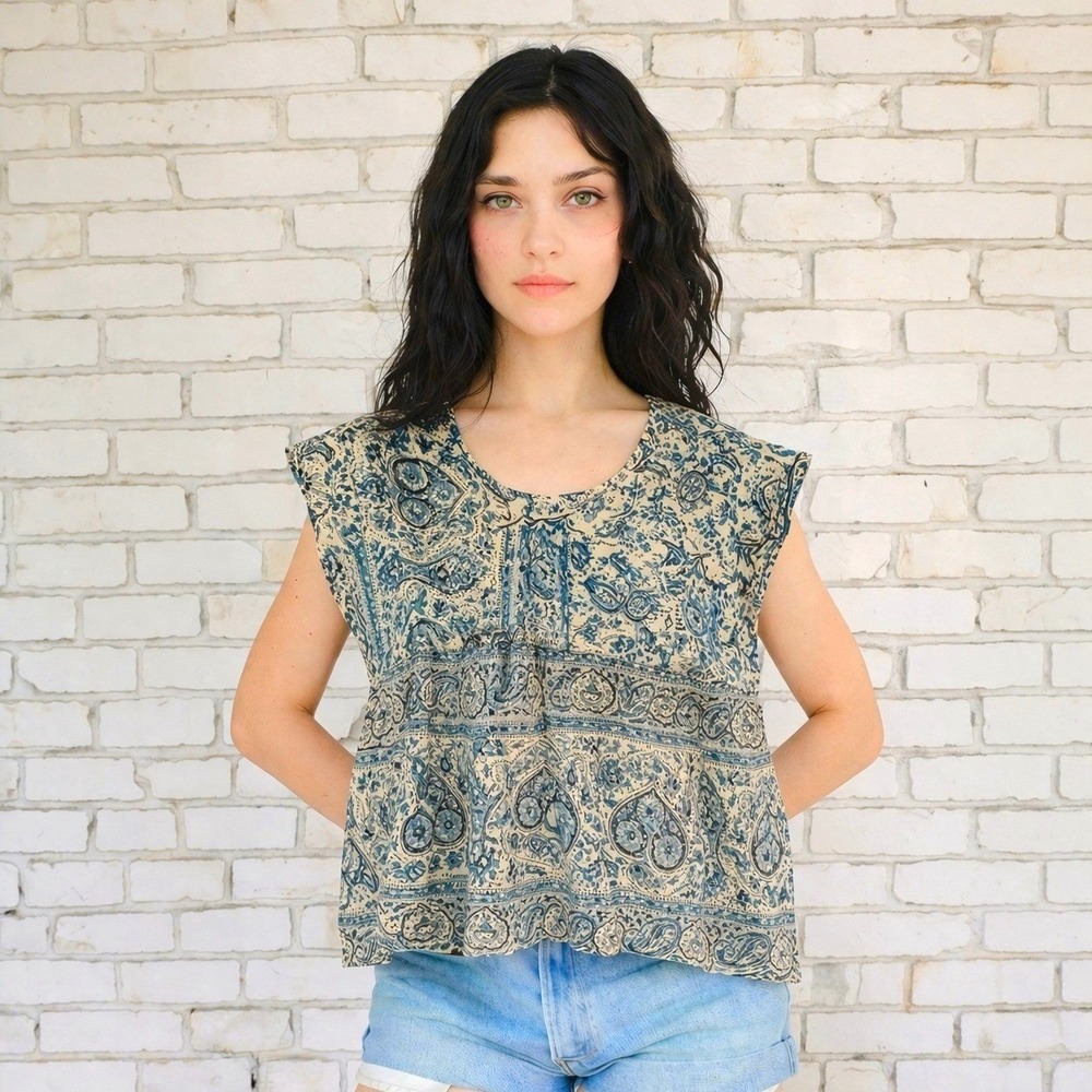 Vintage 70s Indian Block Print Cotton Top Boho Paisley Blouse Medium